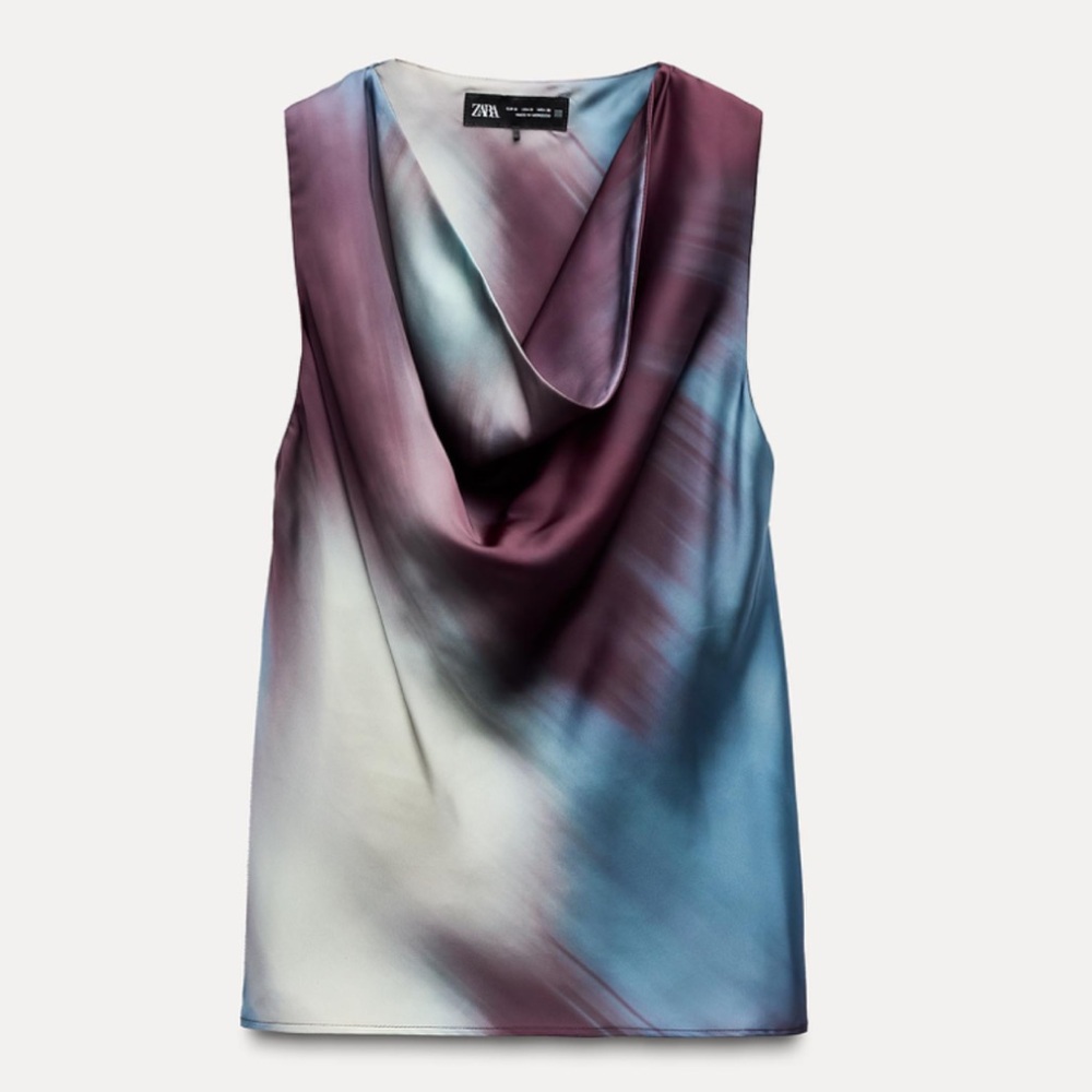 Zara Draped Satin Effect Top with Tie-Dye Print